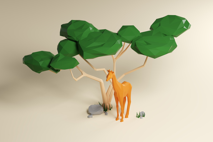 3DCGで作成された動物と木